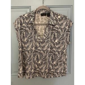 Tahari 100% Linen Blouse Top‎ Black Palm Leaf Tropical Drop Shoulder V Neck L